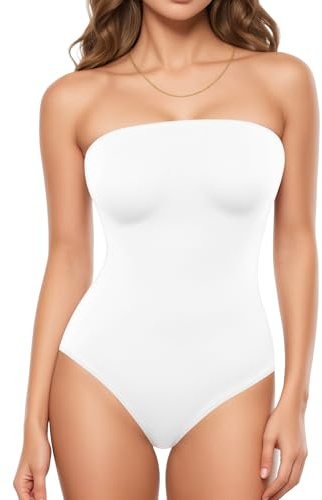 MANGOPOP Women‘s Strapless Thong Bodysuit Sexy Tube Top Off The Shoulder Double Lined Bodysuits Summer Going Out Tops White Medium