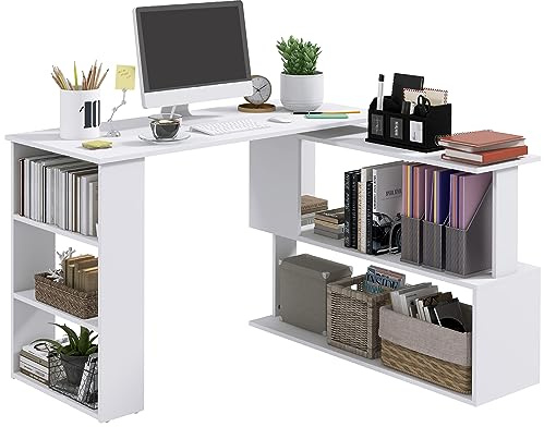 HOMCOM L Shaped Desk with Bookshelf, Corner Computer Desk, Writing Table with 360° Rotating for Home Office, Bedroom, Study Room, White