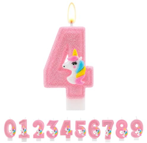 TESGADGETS Candele di Compleanno Rosa con Numero 4, Candela per Torta con Design Unicorno, Cake Topper Glitterato con Numero 4 per Feste di Compleanno e anniversari per Bambini e Bambine