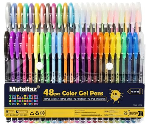 Mutsitaz 48 Packs Color Gel Ink Pens Set for Adult Colouring Books,Drawing,and Writing Manga Markers with 1.0mm Tip (12 Metallic,12 Glitter,12 Neon,12 Water Chalk)