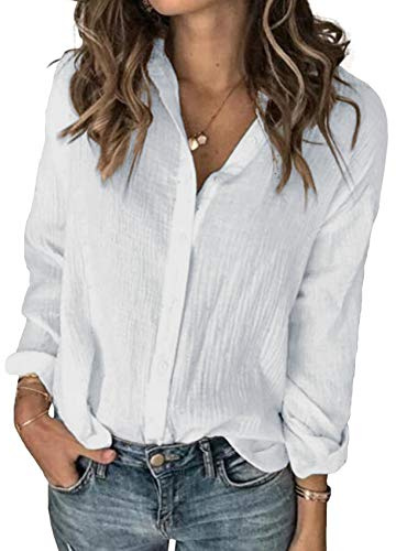 Karlywindow Womens Long Sleeve Button Down Cotton Linen Shirt Blouse Loose Fit Casual V-Neck Tops White
