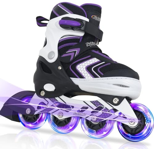 Adjustable Inline Skates for Girls, Girls Roller Skates with All Light up Wheels for Big Kids, Purple, Size 10 11 12 13