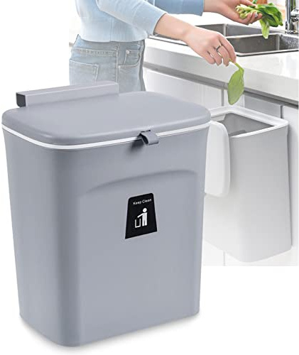Shanq,Cestino da appendere in plastica con coperchio scorrevole, da appendere alla parete, con coperchio, per armadietto, porta della spazzatura, per cucina, culla – 23.7x13x29.5 cm, colore: grigio
