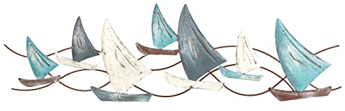 Logbuch-Verlag scultura decorazione da parete con barche a vela in metallo color blu azzurro crema bianco decorazione marittima decorare casa in stile marittimo idea regalo 75 cm