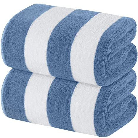 White Classic Beach Towels Oversized Cabana Stripe Cotton Bath Towel Large - Luxury Plush Thick Hotel Swim Pool Towels for Adults Super Absorbent Quick Dry - 35x70 Light Blue [2 Pack]