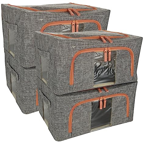 WOPPLXY 4PCS Clothes Storage Boxes - 24L Collapsible Clothes Storage Boxes Foldable Steel Frame Boxes - 40x30x20CM Bedding Storage Box Closet Organiser for Clothes, Bedding, Sheet