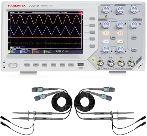 HANMATEK Oscilloscopio Digitale,4 Canali, 110 MHz, 1GS/s, 7 pollici TFT, 6 Bit, 2ns/div～1000s/div, Super-silenzioso, Oscilloscopio Portatile, DOS1104