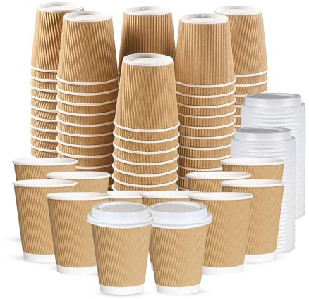 CHEF ROYALE 100 x 8oz Disposable Coffee Cups with Lids - Takeaway Paper Cups for Hot & Cold Drinks - Kraft Triple Walled Disposable Paper Ripple Cups - Reusable Takeaway Coffee Cups - (with Lids)