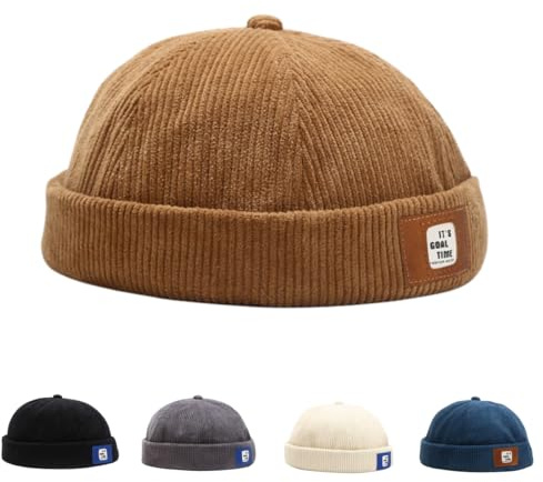 HINGTAT Men's Skullies Beanies Docker Hat Men Trawler Fisherman Beanie Brimless Cap Rolled Cuff Retro Sailor Cap Khaki