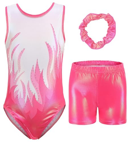 FEOYA Kinder Mädchen Ärmellose Turnanzug Schule PE Ballett Tanz Gymnastik Ärmellose Gymnastikanzug Ballett Tanz Trikots Tumbling Athletische Shorts Haar Band Set Tanzbekleidung M 11-12 Jahre