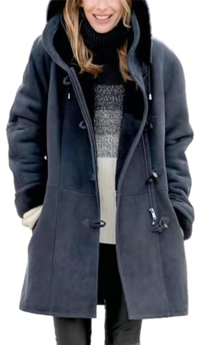 Women Hooded Velvet Horn Button Coat,Winter Fleece Thickened Warm Casual Jacket,Parka With Pockets (Navy blue,XXL)