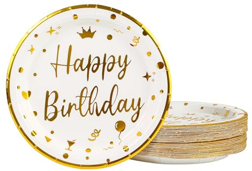 50 Pezzi Piatti Carta Compleanno Oro Bianco, 23cm Piatti Usa e Getta Stoviglie per Feste di Compleanno Piatti Compostabili per Feste Matrimoni Compleanni Picnic Baby Shower (Compleanno Bianco, 23CM)