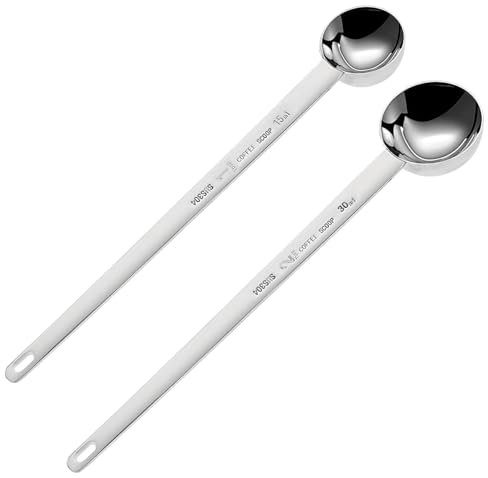 Cuchara de café de acero inoxidable con mango largo, 1 cucharada, 2 cucharadas, 2 cucharadas, cuchara medidora de 15 ml, 30 ml, cuchara de café para café molido, 2 unidades