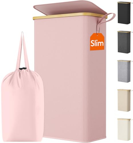 Lifewit 75L Slim Laundry Basket with Lid, Narrow, Removable Bag, Pink | Bamboo Handles, Foldable Thin Laundry Bin, Dirty Clothes Hamper for Laundry, Bathroom, Bedroom and Dorm