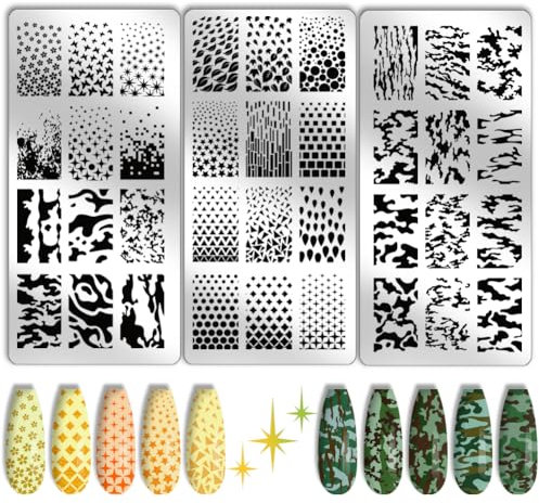 PH PandaHall 3pcs Textur Nagel Stamping Platte, Nagelschablonen Camouflage Farbverlauf Geometrisches Muster Nagelschablonen Edelstahl Druck Nagelschablonen für Nail Art Design Maniküre Salon