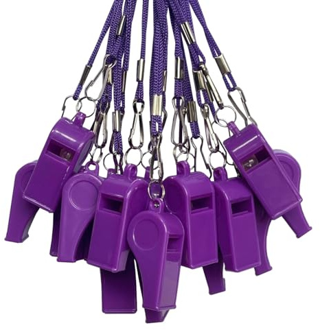 DYBADYSA Set di 20 fischietti in plastica viola con cordino per arbitro, allenatore, pallacanestro, calcio, sport, calcio, escursionismo, allenamento all'aperto, eventi, bagnini, sopravvivenza, scuola