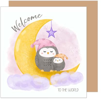 Edition Seidel Tarjeta de felicitación de nacimiento cuadrada con sobre, tarjeta de felicitación para bebé, tarjeta de bienvenida para bebé, niño, niña, búhos (EQ121 SW025)