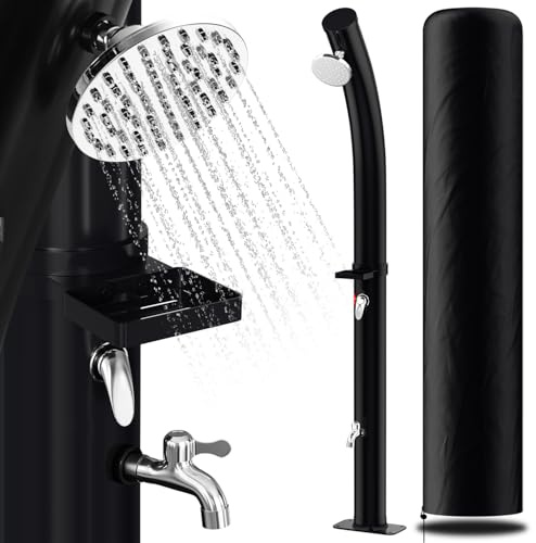 Herrselsam Ducha Solar de 20 l, Arco Solar, para jardín, Agua Caliente hasta 60 °C, sin conexión de alimentación, Ducha de Piscina, Camping con Ducha de pies y Bandeja de Ducha, Cabezal de Ducha de