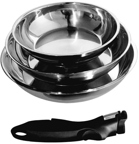 KLAUS Set de 3 poêles en inox haute qualité - Induction & four, Poignée amovible, Cuisson saine - 20/24/28 cm