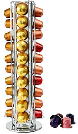 JIAMOEAT Porte Rangement pour Nespresso Capsules de Café, Supports pour 40 Capsules de Café Noir, 360 Degrés Rotable Range Coffee Capsule Stands, Distributeur de Capsules (Argent)