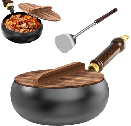 Bienll - Padella in ferro giapponese, 24 cm/28 cm, antiaderente forgiata a mano, con coperchio in legno, senza padella antiaderente non rivestita, per cottura naturale, fornello a gas (copertura in