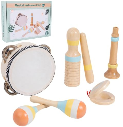Alwodici Kids Musical Instruments 6 Pcs Wooden Musical Toy With Baby Tambourine Maracas Percussion Instruments Sets For 12345 year Old Early Development Gift Toys For Boys Girl