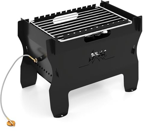 COSTWAY Brasero Portable à Double Combustible au Gaz Butane, Foyer à Bois 2 en 1 avec Grille en Acier Inoxydable Sac de Transport, Petit Gril de Comptoir à Charbon et Bois pour Barbecue