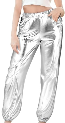 BSBUY Women Metallic Shiny Pants Casual Hot Stamping Trousers Girls Hip Hop Trousers High Waisted Metallic Trousers Jazz Dance Yoga Streetwear Outfit Festival Disco Party Fancy Dress Costume(L)