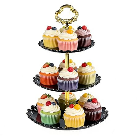 Taiyyi 3 våningar cupcake-stativ, eftermiddagste tårtställ (svart)