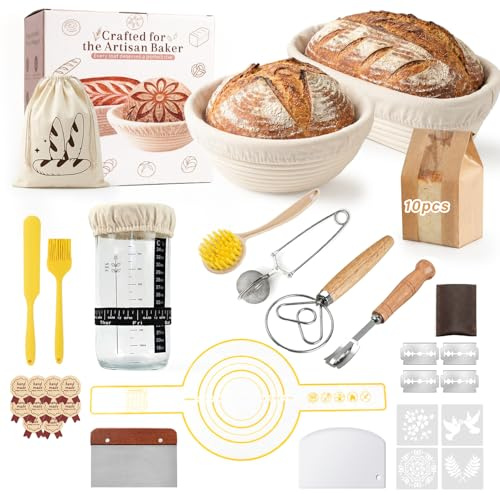 Cestino Lievitazione Pane, Cestini Pane Rattan Naturale Set di Rotondi (23 cm) e Ovali (25 cm), Set per Lievito Madre con Completo Accessori per Cottura del Panes per Principianti e Professionisti