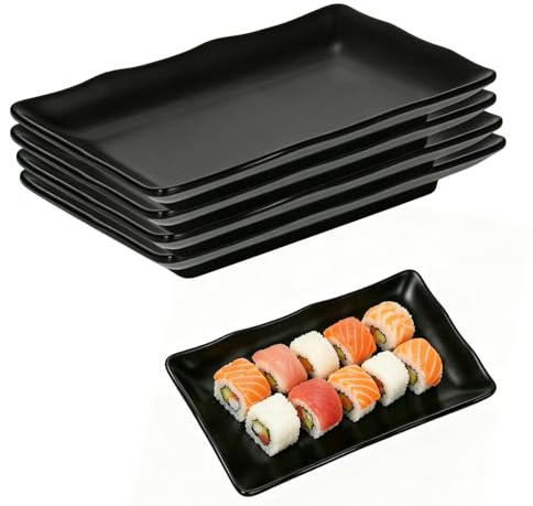 Serveringsplattor rektangulära set om 4 tallrikar, rektangulära serveringsfat, återanvändbara, stapelbara och diskmaskinssäkra, för sushi, tårtor, sallad, frukt, antipasti (4, svart)
