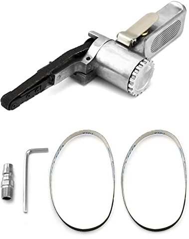 QWORK® Lijadora de Banda neumática, con 3 piezas bandas de 330 * 10 mm, para pulido de plástico, carpintería y metal