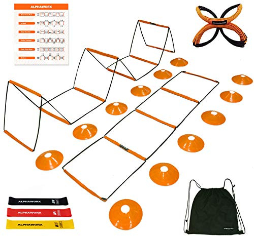 ALPHAWORX All-in-One Agility Ladder Agility Training Equipment Foldable Instant Set-up Tangle-Free Design 8+4 Rung Speed Ladder Workout Ladder with 12 Soccer Cones & 3 Resistance Band & 1 Storage Bag