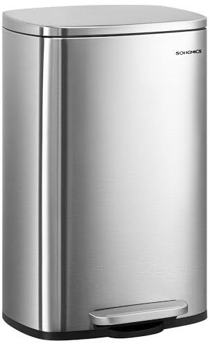 SONGMICS 13 Gallon (50 L) Trash Can, Stainless Steel Kitchen Garbage Can, Recycling or Waste Bin, Soft Close, Step-On Pedal, Removable Inner Bucket, Silver ULTB050E01