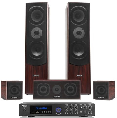 Fenton HF5B - Heimkino Musikanlage für Audiosystem 1150 Watt - 5.0 Surround Sound System mit Verstärker, 6-teiliges Home Entertainment System, Soundsystem für Fernseher - Nuss Braun