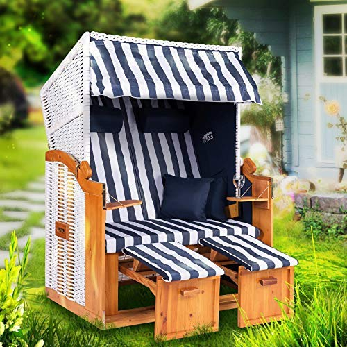 Strandkorb Hanse Strandkorb Ostsee XXL Volllieger Weiß Blau - 2-Sitzer 120cm breit, ideal für Garten, Terrasse und Balkon (Weiß Blau Gestreift, Montiert)