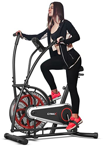 GYMAX Fan Bike, Air Resistance Upright Bike with LCD Monitor, Phone Holder & Built-in Wheels, Fully Adjustable Stationary Exercise Bike for Home Gym Cardio Training Workout Fitness