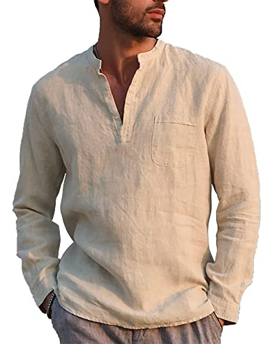NANAMEEI Men's Cotton Linen Henley Shirt Band Collar Linen Shirt Casual Long Sleeve Shirt