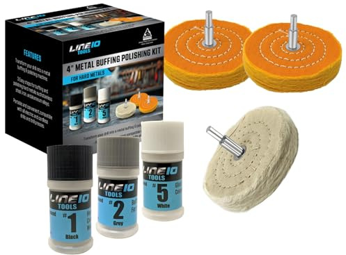 LINE10 Tools Metal Buffing Polishing Kit for Drill 4 Buffing Wheels, 3-Step Polishing Compound for Aluminum, Chrome, Stainless Steel Perfect for Auto Wheel, Rim, Trim, Jewelry, Golf Club Restoration