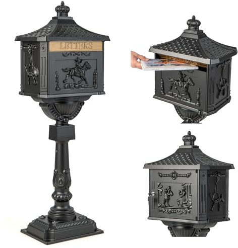 Goplus Mailbox Cast Aluminum with Post, Heavy Duty Locking Security Mail Box for House Outside, Vintage Postal Box with Keys & Baffle Door, Large, Freestanding, Post Mount