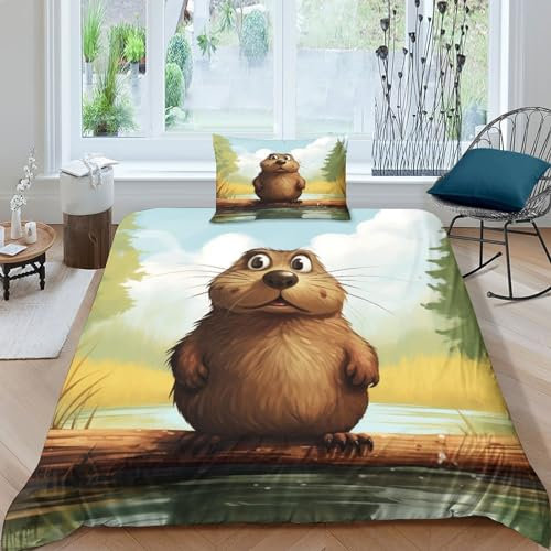 AAHARYA Beaver Duvet Set Bedding,3 Piece Set Duvet Cover Easy Care,Cartoon Quilt Cover Pillow Cases with Zipper Closure Soft Microfiber Single（135x200cm）