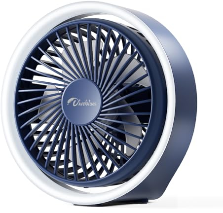 Diveblues MiniChill Small USB Desk Fan 5'' with LED Light, 3 Speed Fan, 5-Blade Quiet Flow, 1800mAh Rechargeable Battery Operated Powerful for Home, Office, Bedroom, Outdoor
