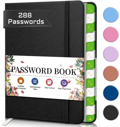 BLESWIN Passwortbuch mit Alphabetischen Registern, Passwort-Notizbuch für Computer- und Internetadressen-Website-Login, Passwortbuch für Senioren, Passwortsicherheit - Schwarz