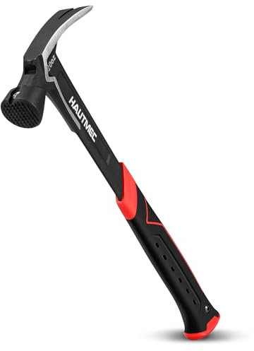 HAUTMEC Marteau de charpentier forgé d'une pièce de 590 g avec griffe droite, face fraisée, prise en main absorbant les chocs, avec porte-clou magnétique, HT0371-HM