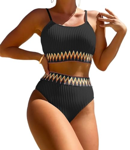 Enwokran Damen Bikini Set Zweiteiliger U Ausschnitt Bauchkontrolle Push Up High Waist Sport-Schwimmanzug Badeanzug Tank Bikini Swimsuit (Schwarz, M)