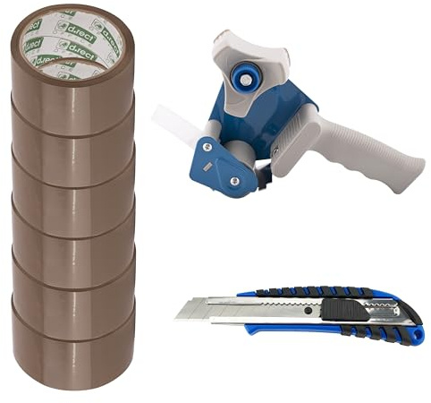 D.RECT Derouleur pour Ruban Adhesif avec 6 Rouleaux De Ruban Marron 50m x 48mm - Inclus Cutter à Cartouche 18 mm avec Poignée Paoutchoutée