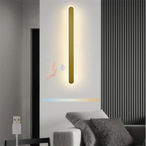 LED-vägglampa inomhus sensor handsensor vägglampa 3 färger dimbar 2 700 K-6 500 K, USB-väggbelysning, uppladdningsbart batteri, modern vägglampa, för vardagsrum sovrum (guld, 60 cm)