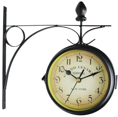 Milageto Doppelseitige Bahnhofsuhr, Vintage-Wanduhr mit Halterung, wasserdichte Gartenuhr für den Außenbereich, Retro-Eisenbahnhofsuhr, 23 cm, große Hängeluhr für den Innen- und Außenbereich, Stil a