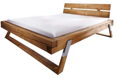 KAWOLA Doppelbett Massivholz 140x200 cm Balkenbett TOMA Fichte eichefarbig, Holzbett robust & rustikal für Schlafzimmer
