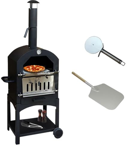 Utomhus pizzaugn bärbar kolgrill trädgård rökare pizzamaskin rostfritt stål skorsten ventil temperaturmätare hylla 17 L Warma Lumpwood kol inkluderar gratis pizzaskala, sten och skärare